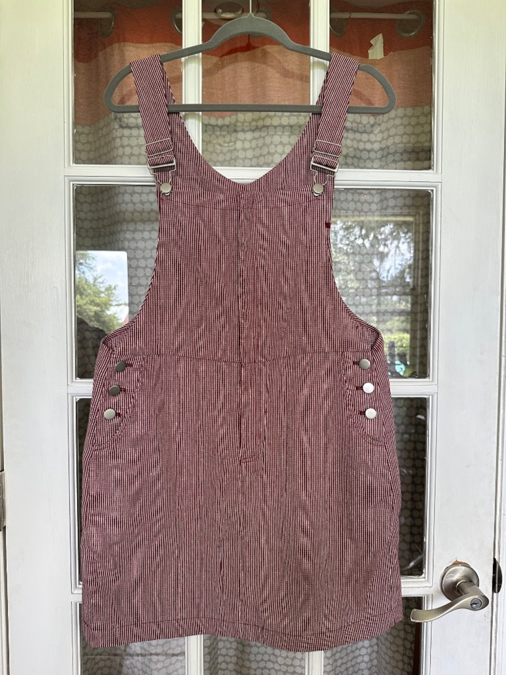 NWT Suncoo Robe Clotilde Linen Cotton Burgundy Striped Pinafore Overall Dress L